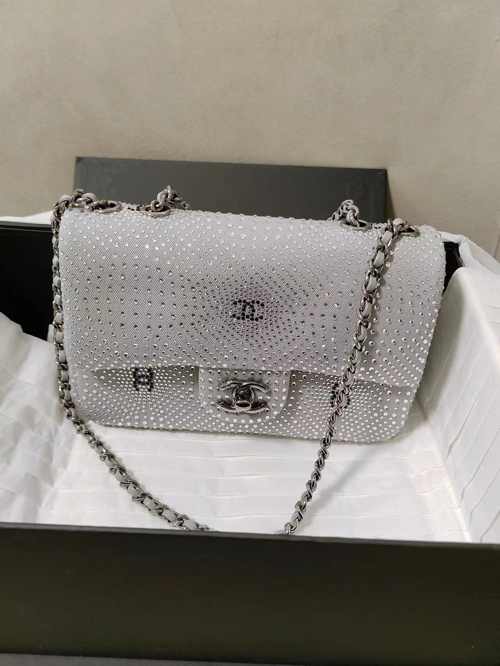 Chanel Classic Flap Crystal Embellished Silver Grey Small Ruthenium Hardware