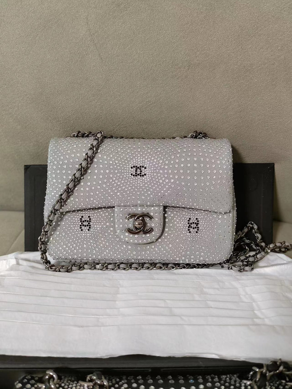 Chanel Classic Flap Crystal Embellished Silver Grey Small Ruthenium Hardware