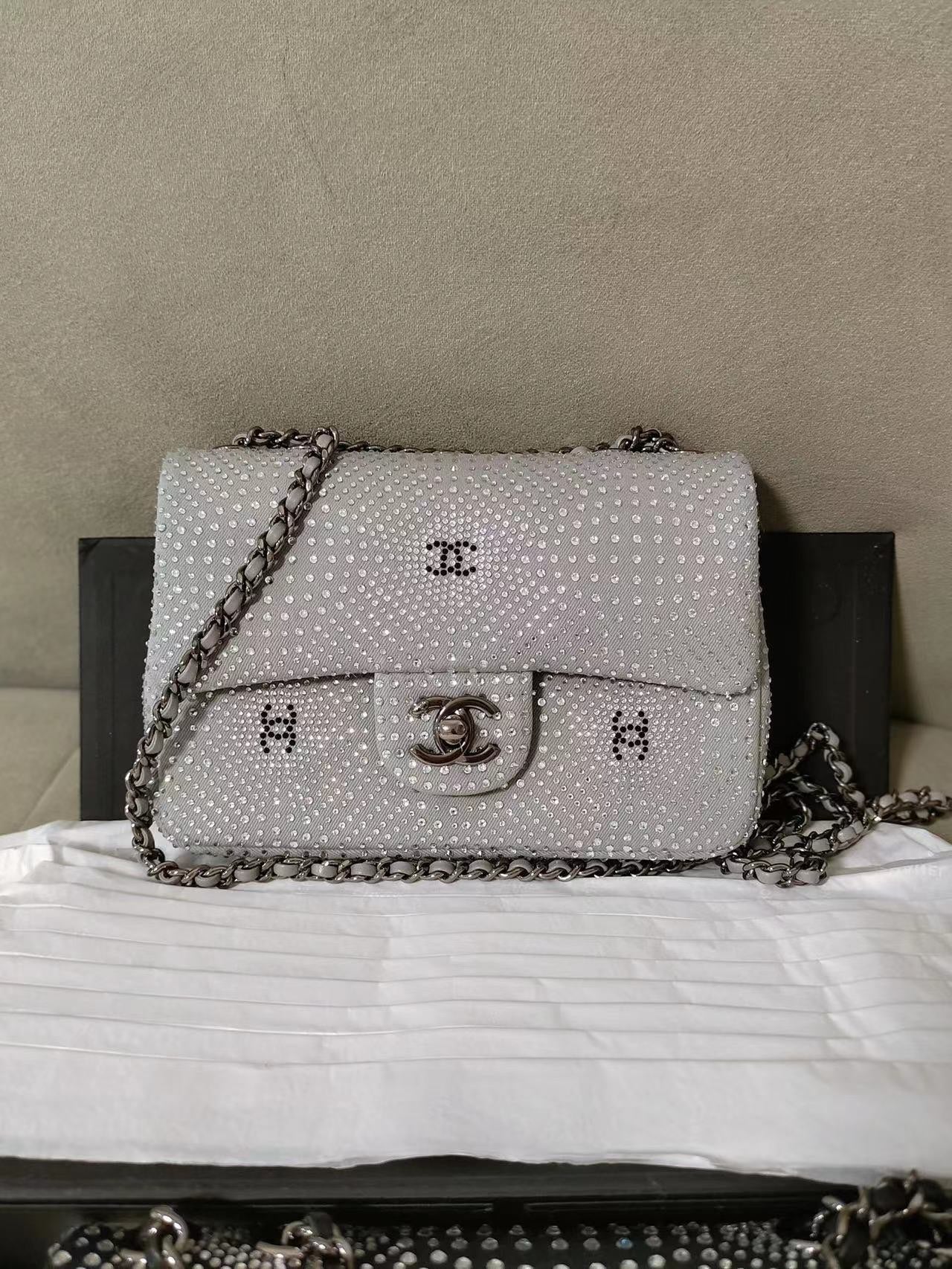 Chanel Classic Flap Crystal Embellished Silver Grey Small Ruthenium Hardware