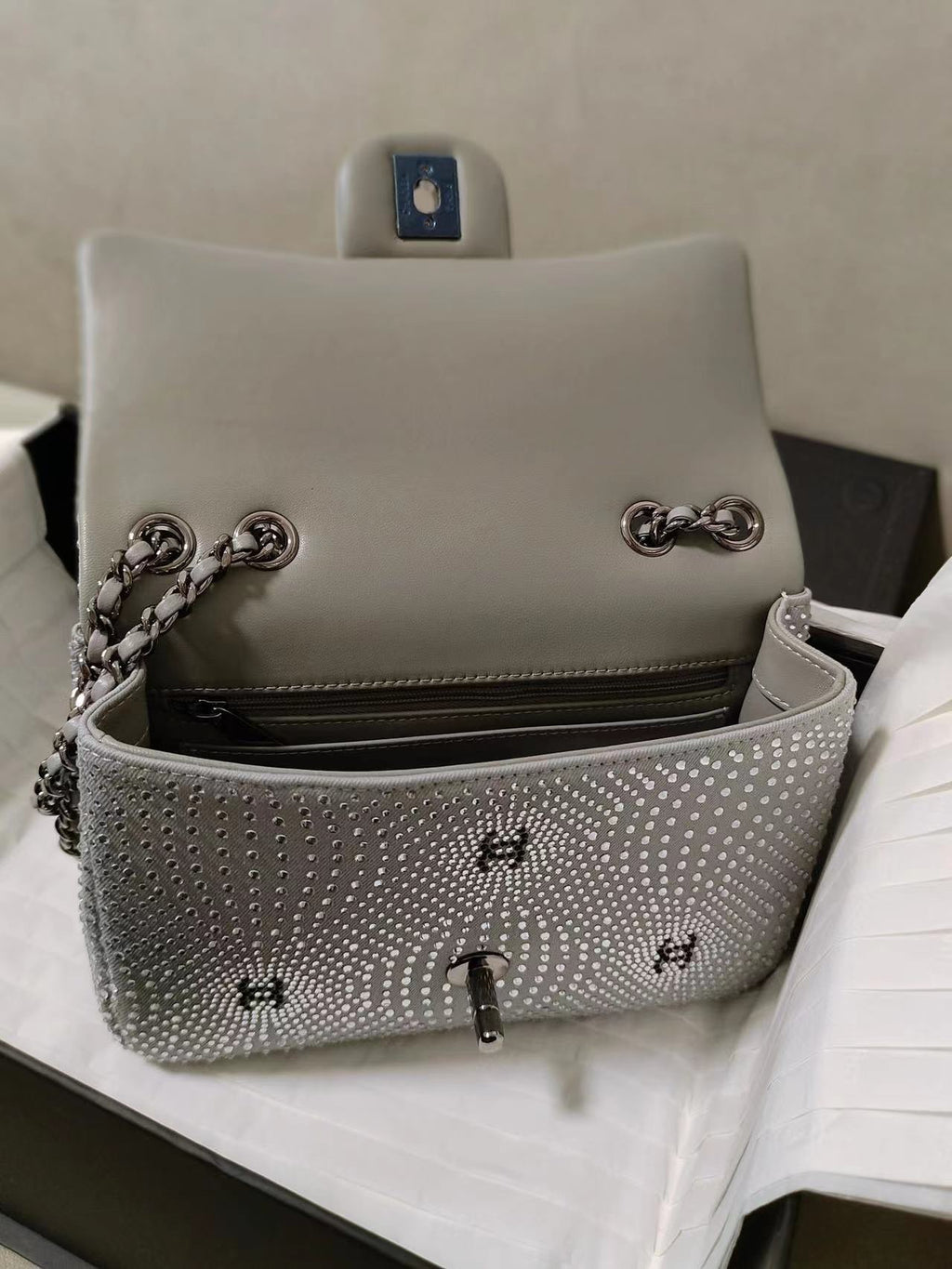 Chanel Classic Flap Crystal Embellished Silver Grey Small Ruthenium Hardware