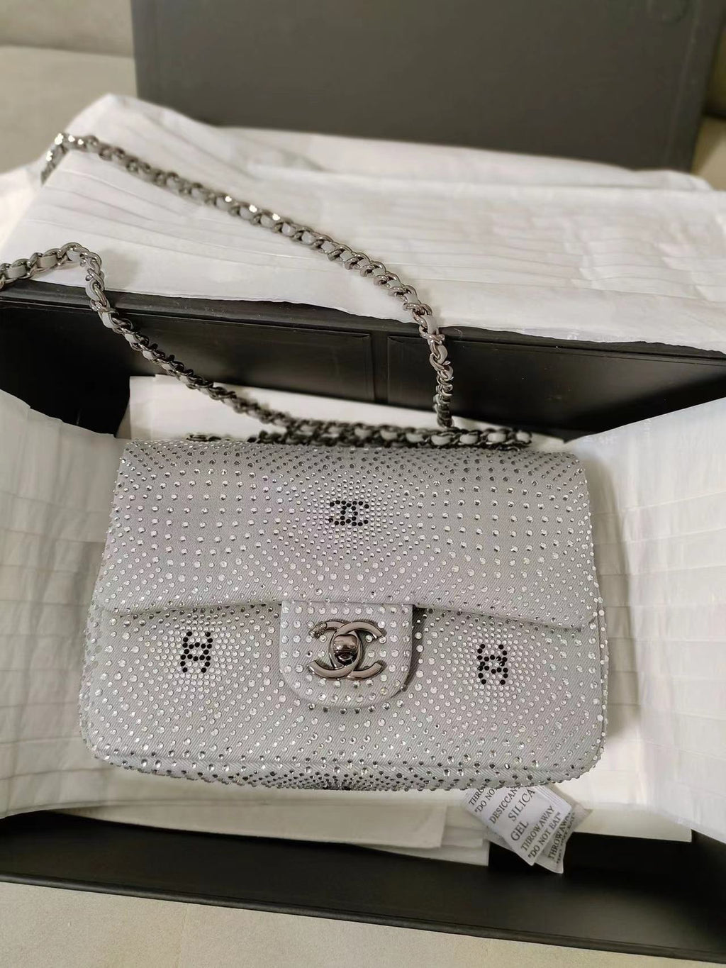 Chanel Classic Flap Crystal Embellished Silver Grey Small Ruthenium Hardware