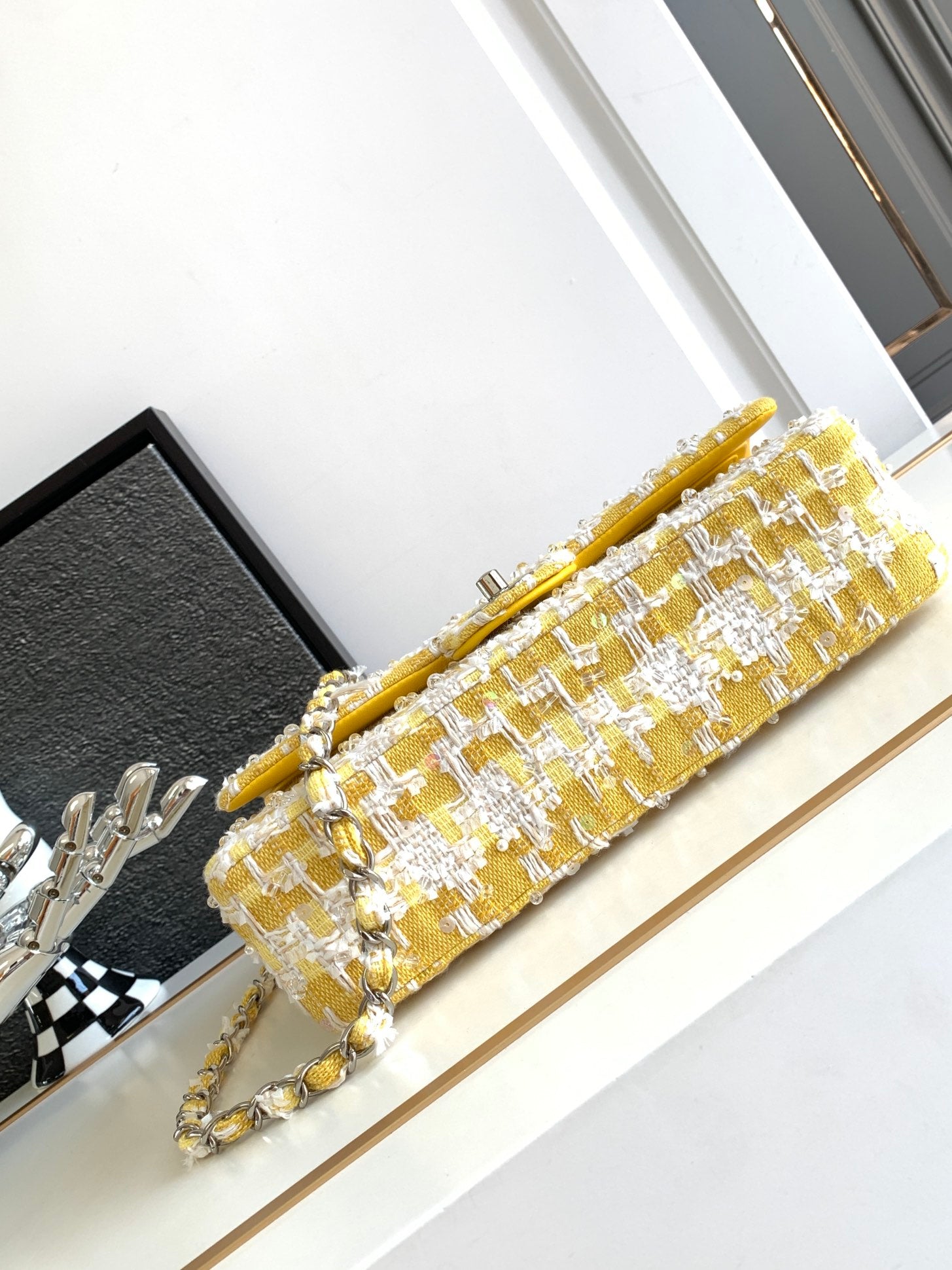 Chanel Classic Flap Yellow Tweed Pearl & Crystal Embellished Small Silver Hardware