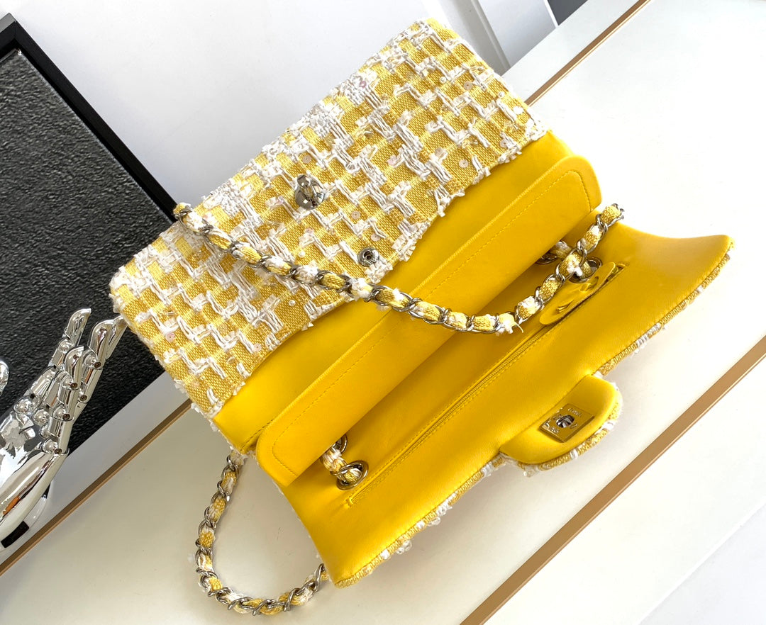 Chanel Classic Flap Yellow Tweed Pearl & Crystal Embellished Small Silver Hardware