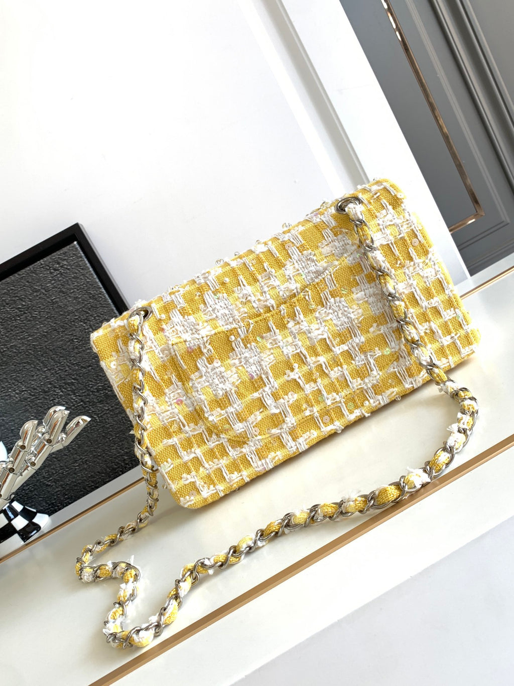 Chanel Classic Flap Yellow Tweed Pearl & Crystal Embellished Small Silver Hardware