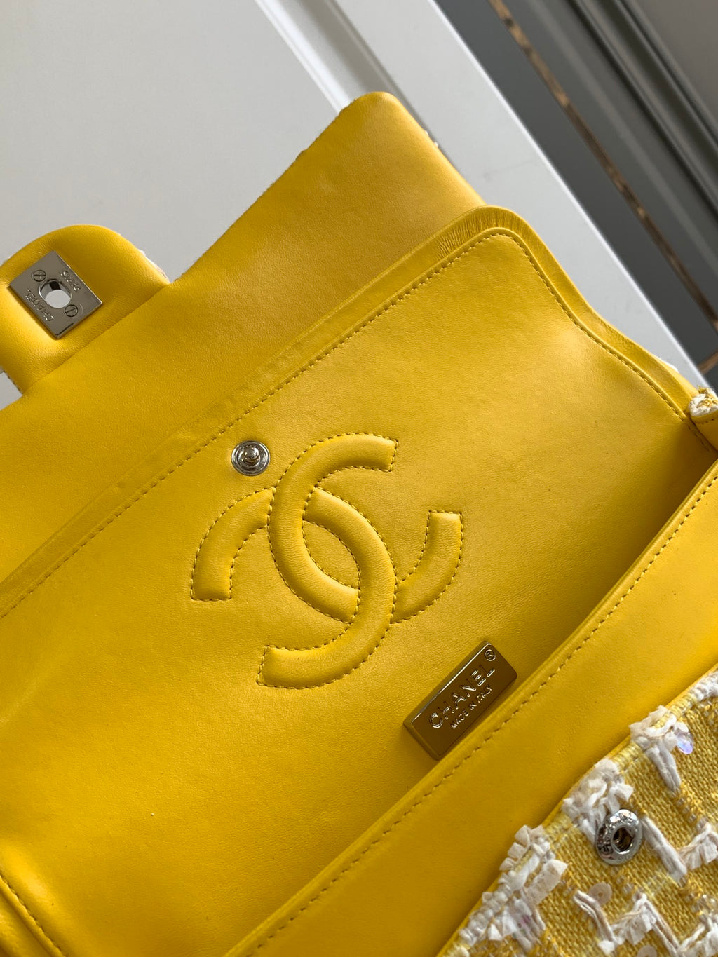 Chanel Classic Flap Yellow Tweed Pearl & Crystal Embellished Small Silver Hardware