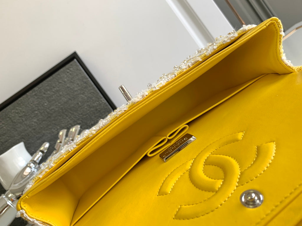 Chanel Classic Flap Yellow Tweed Pearl & Crystal Embellished Small Silver Hardware