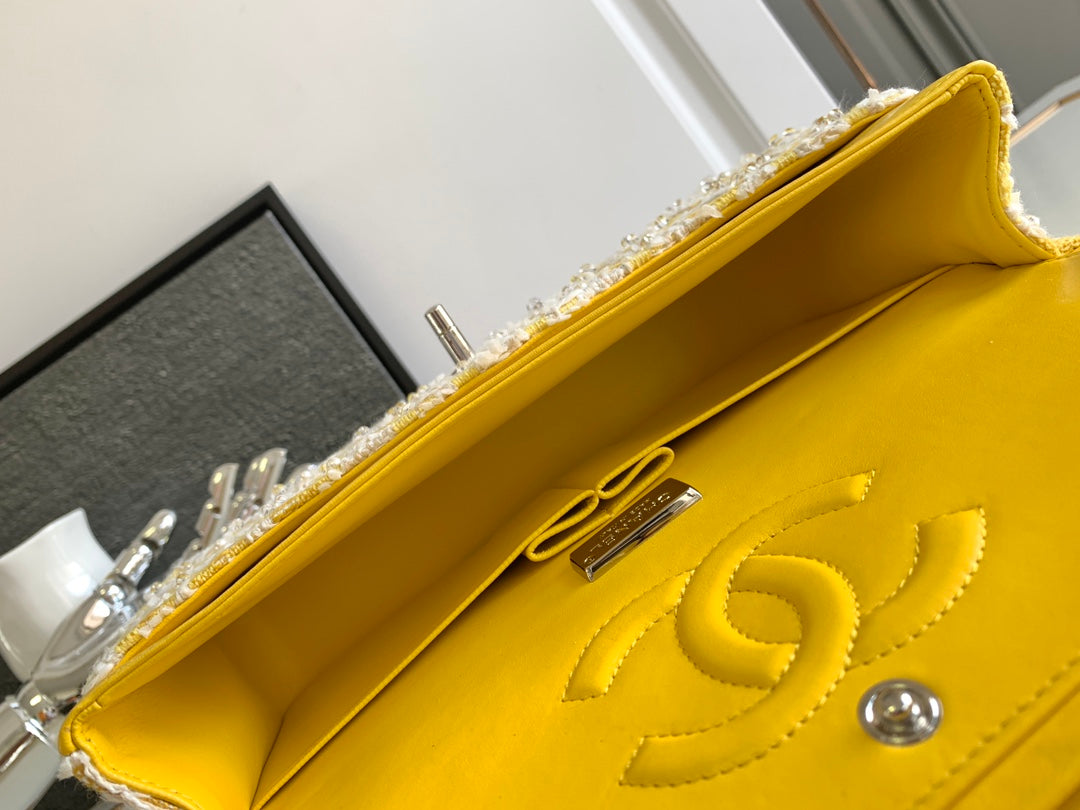 Chanel Classic Flap Yellow Tweed Pearl & Crystal Embellished Small Silver Hardware