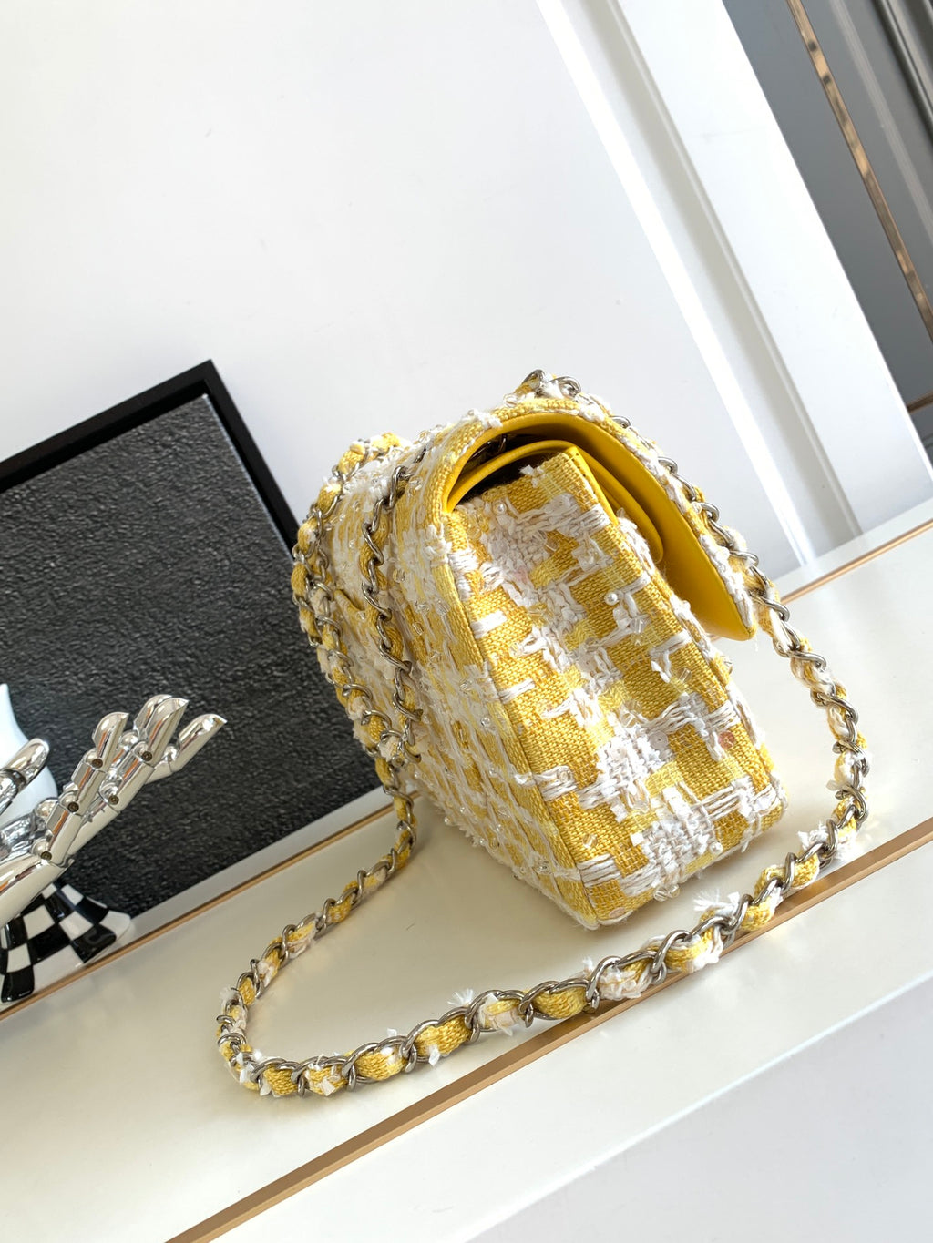 Chanel Classic Flap Yellow Tweed Pearl & Crystal Embellished Small Silver Hardware