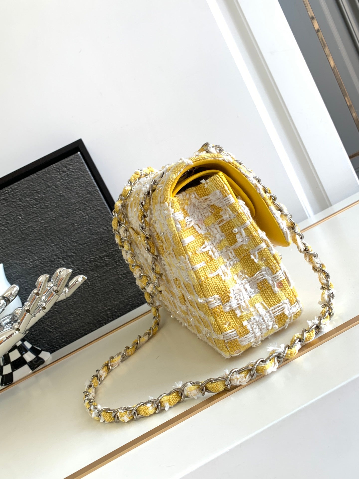 Chanel Classic Flap Yellow Tweed Pearl & Crystal Embellished Small Silver Hardware