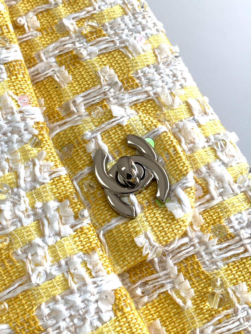 Chanel Classic Flap Yellow Tweed Pearl & Crystal Embellished Small Silver Hardware