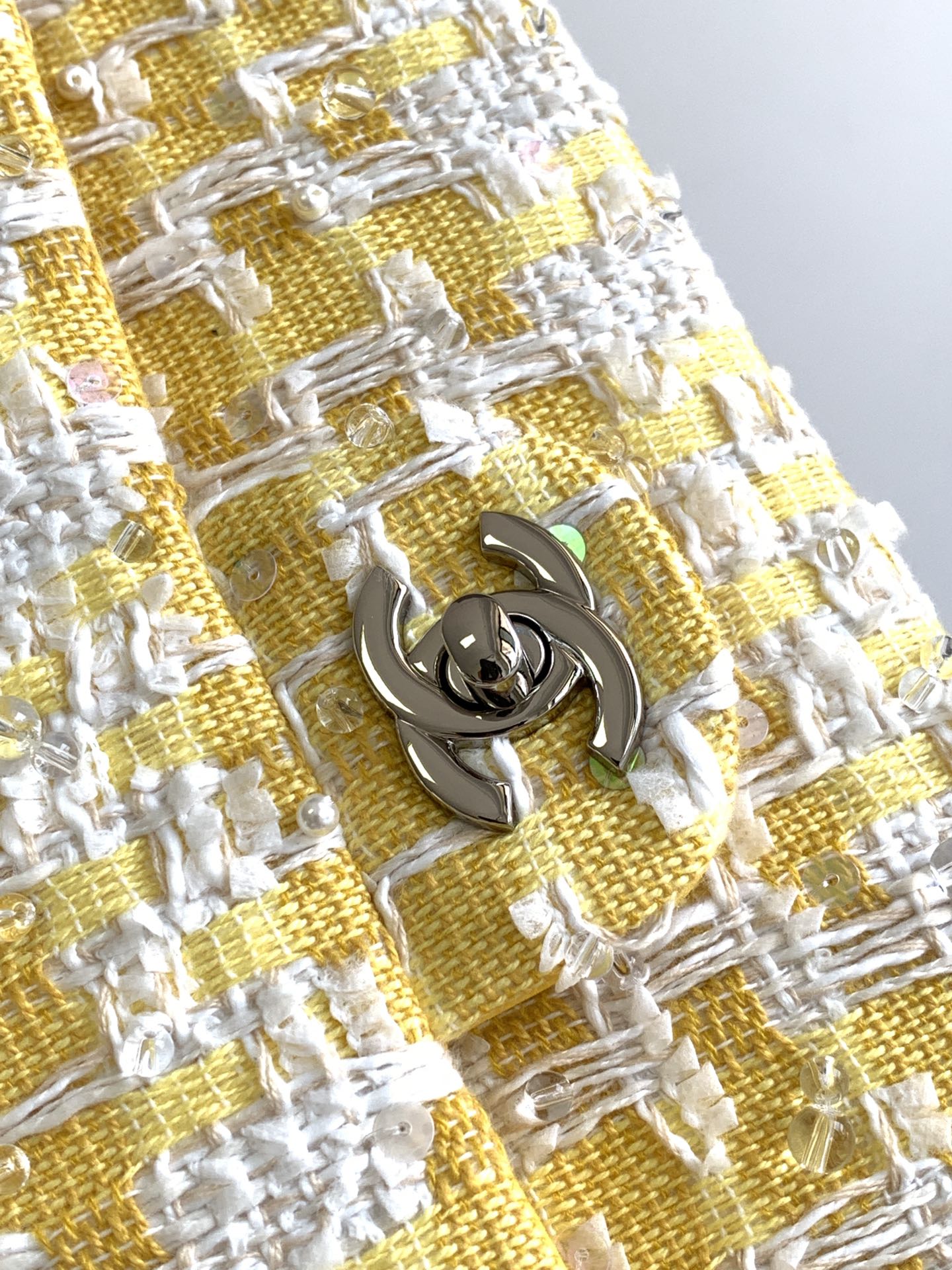 Chanel Classic Flap Yellow Tweed Pearl & Crystal Embellished Small Silver Hardware