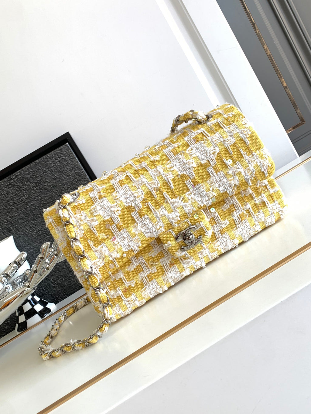 Chanel Classic Flap Yellow Tweed Pearl & Crystal Embellished Small Silver Hardware