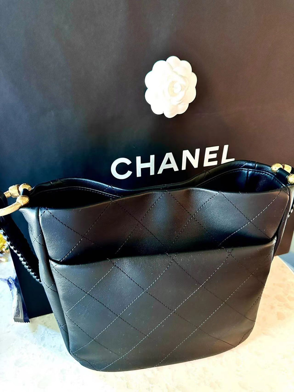 Chanel Hobo Bag Black Lambskin Medium Antique Gold Hardware