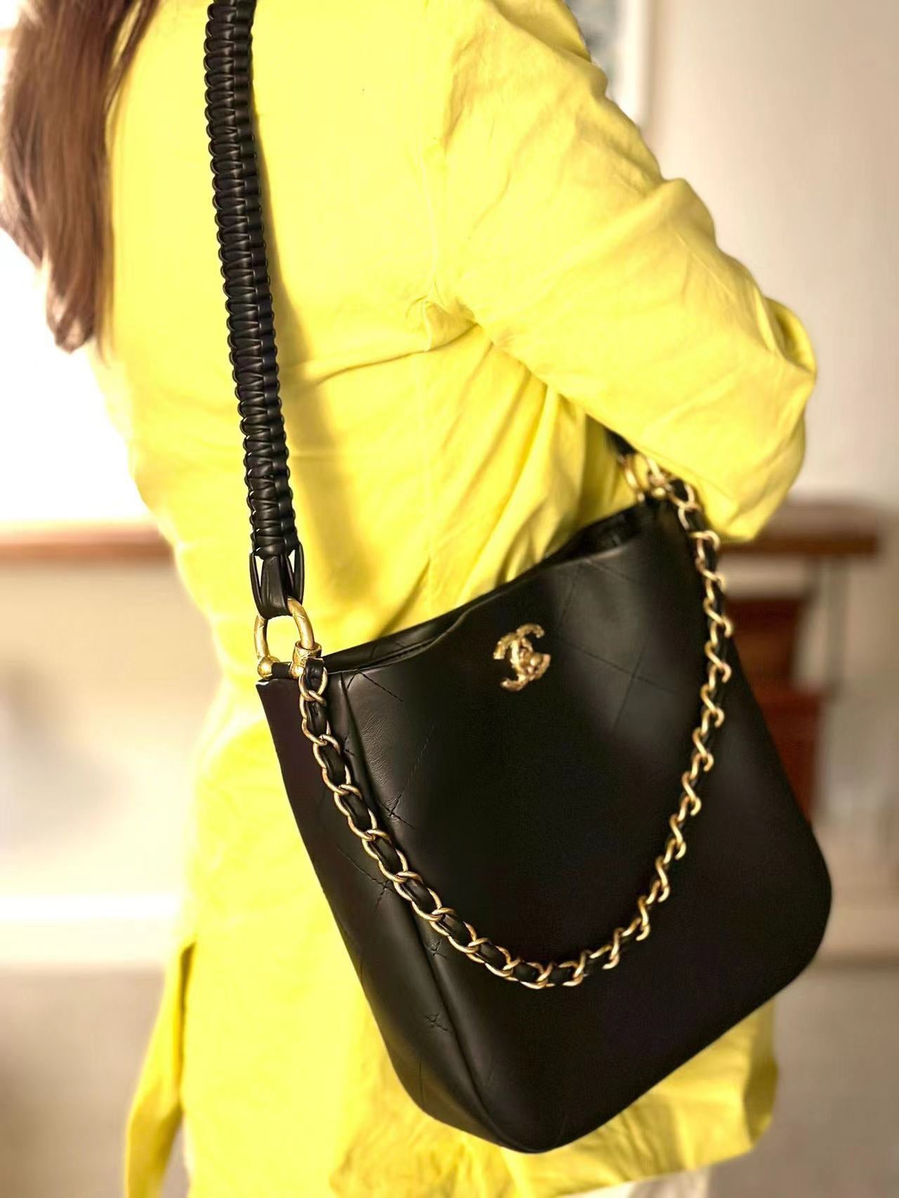 Chanel Hobo Bag Black Lambskin Medium Antique Gold Hardware