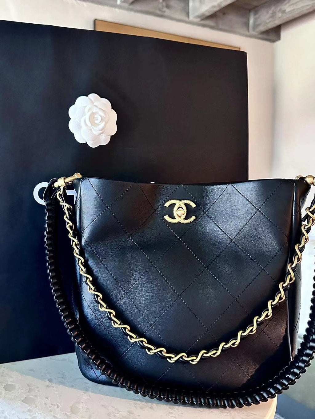 Chanel Hobo Bag Black Lambskin Medium Antique Gold Hardware