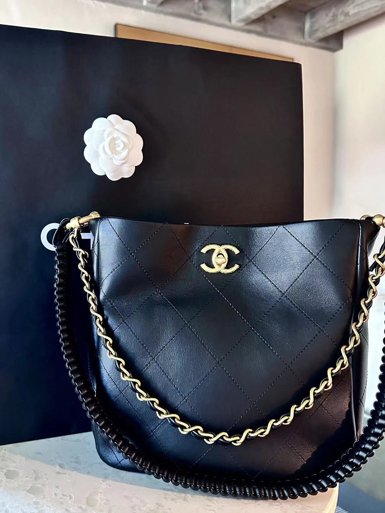 Chanel Hobo Bag Black Lambskin Medium Antique Gold Hardware