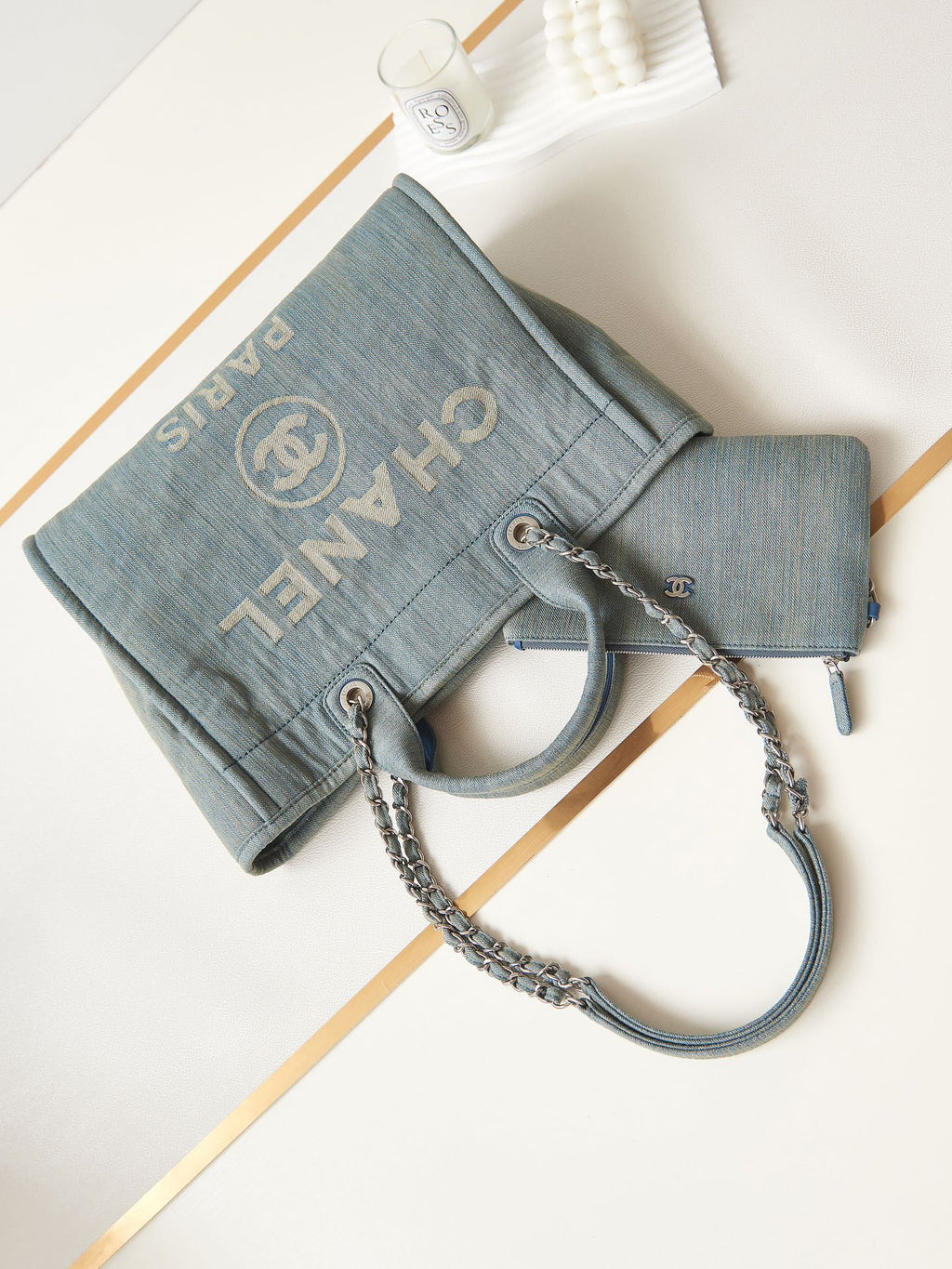 Chanel Deauville Tote Denim Blue Large with Matching Pouch Silver Hardware