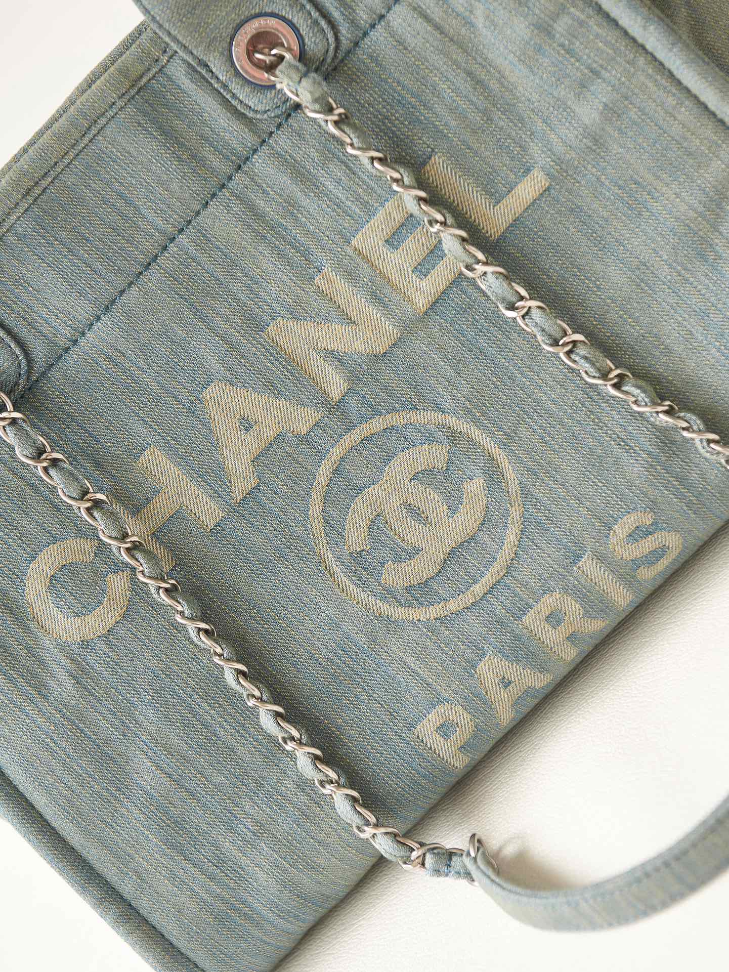 Chanel Deauville Tote Denim Blue Large with Matching Pouch Silver Hardware