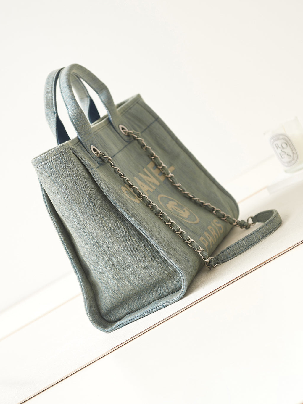 Chanel Deauville Tote Denim Blue Large with Matching Pouch Silver Hardware