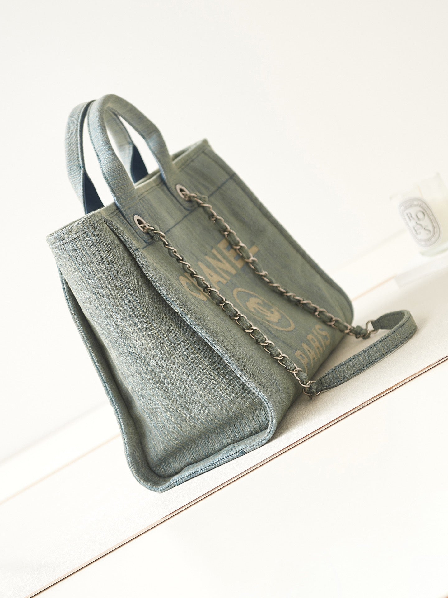 Chanel Deauville Tote Denim Blue Large with Matching Pouch Silver Hardware