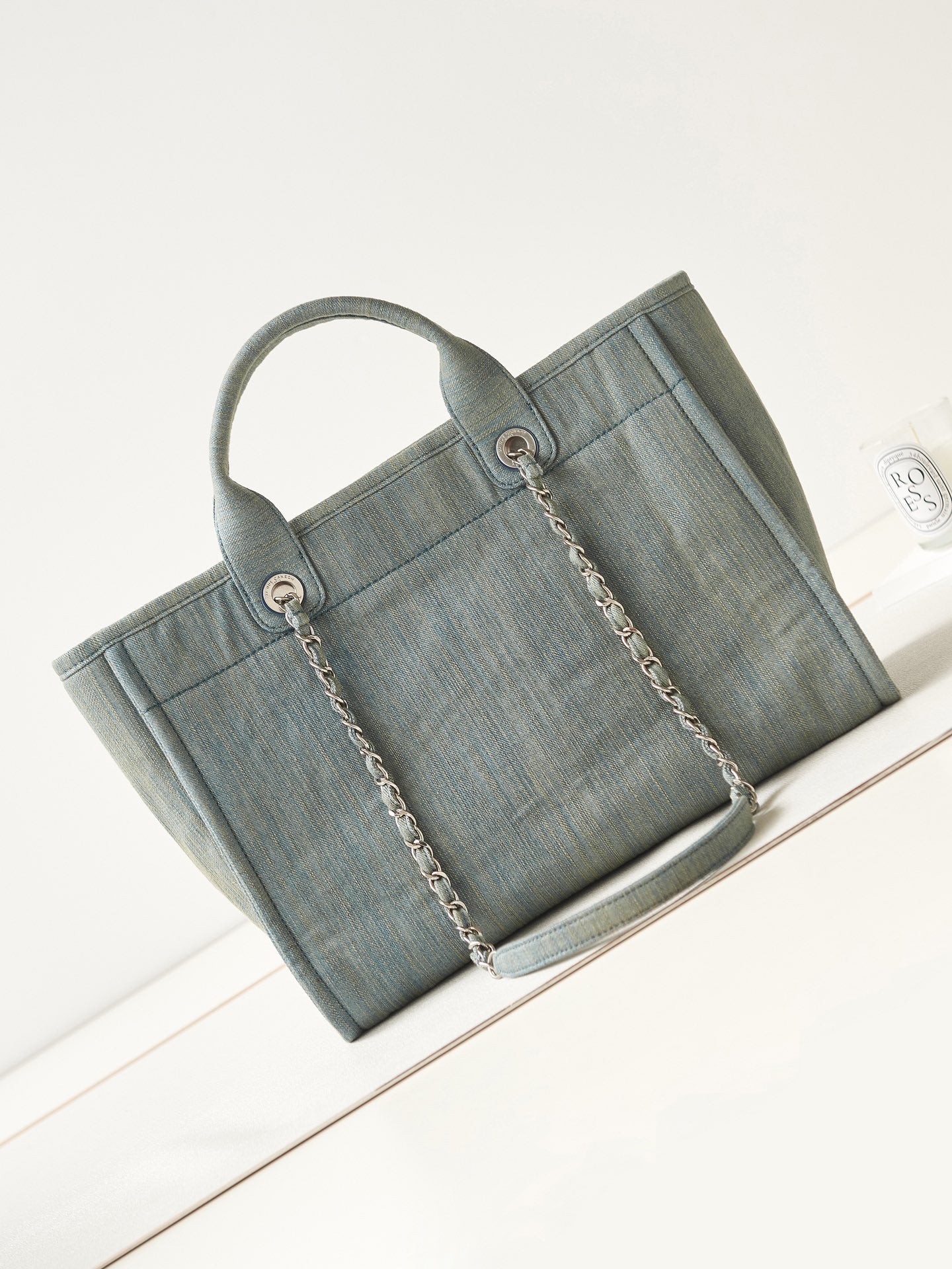 Chanel Deauville Tote Denim Blue Large with Matching Pouch Silver Hardware