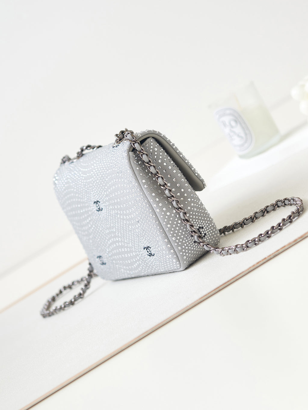 Chanel Classic Flap Crystal Embellished Silver Grey Mini Ruthenium Hardware