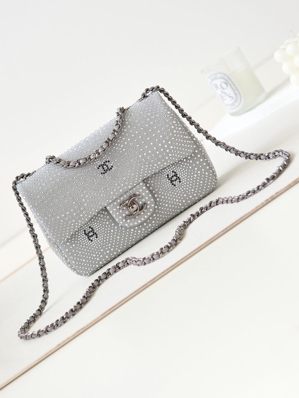 Chanel Classic Flap Crystal Embellished Silver Grey Mini Ruthenium Hardware