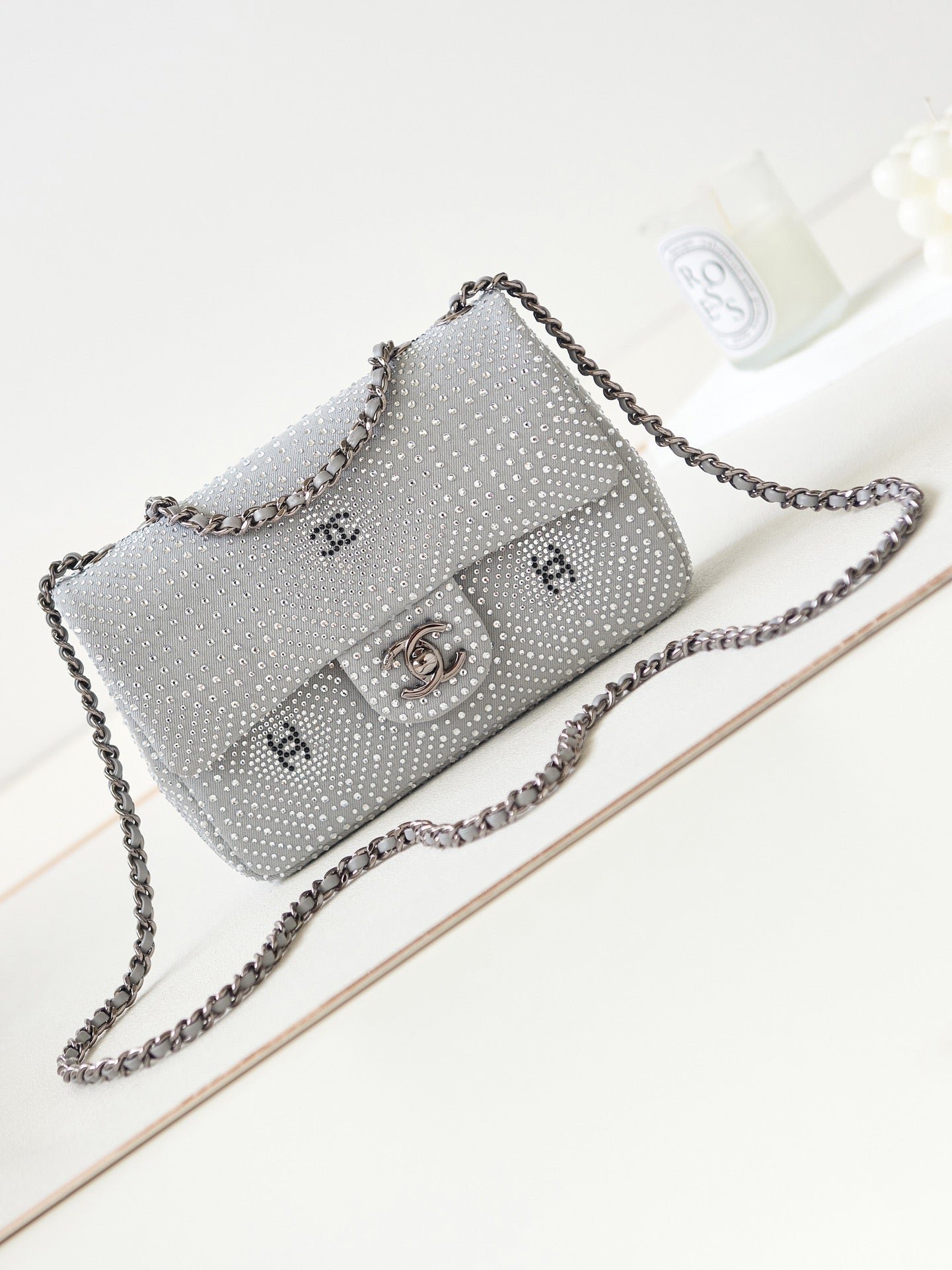 Chanel Classic Flap Crystal Embellished Silver Grey Mini Ruthenium Hardware