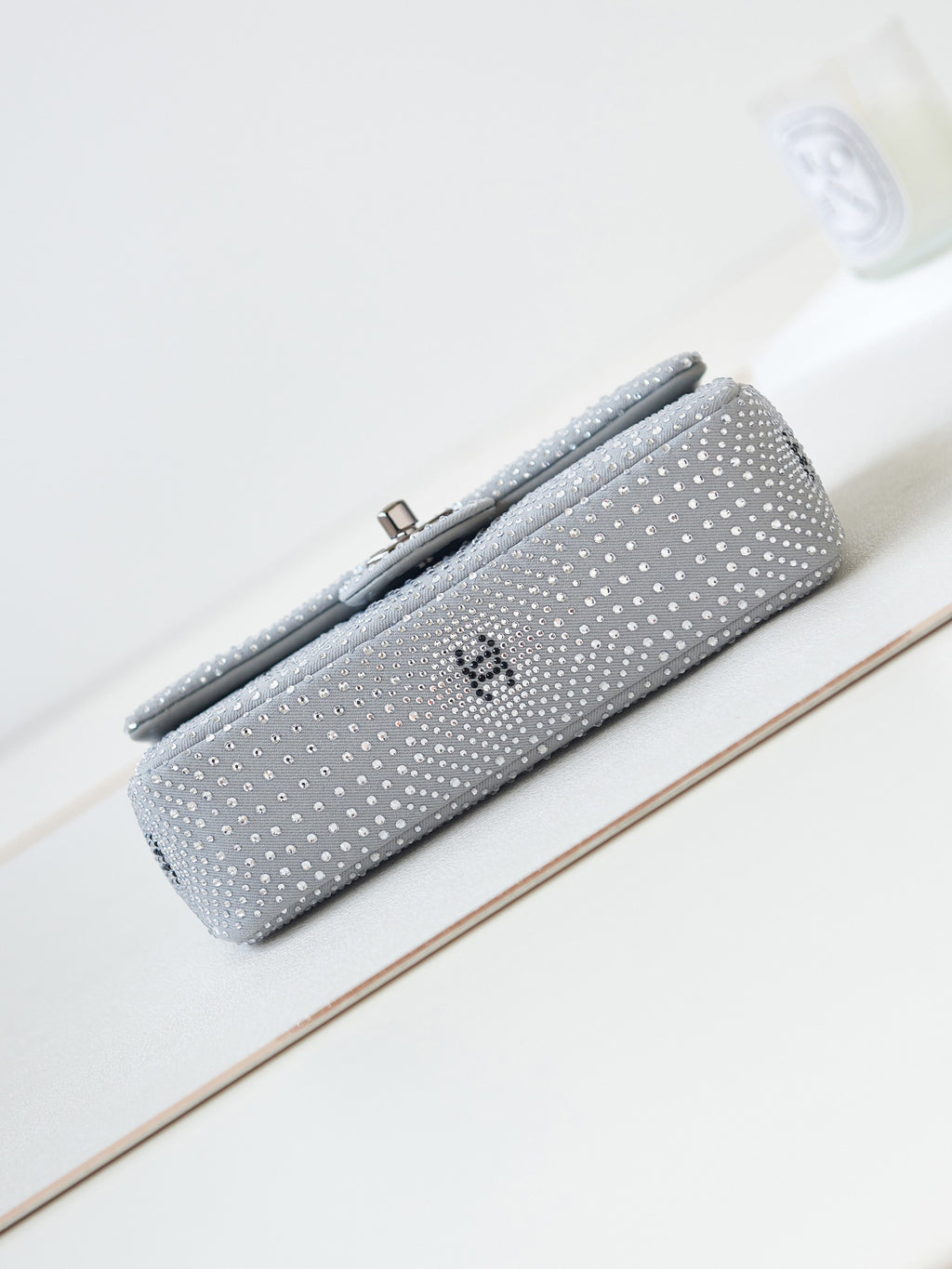Chanel Classic Flap Crystal Embellished Silver Grey Mini Ruthenium Hardware