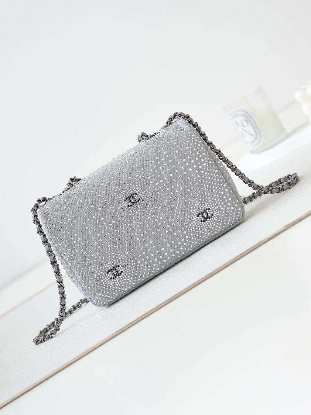 Chanel Classic Flap Crystal Embellished Silver Grey Mini Ruthenium Hardware