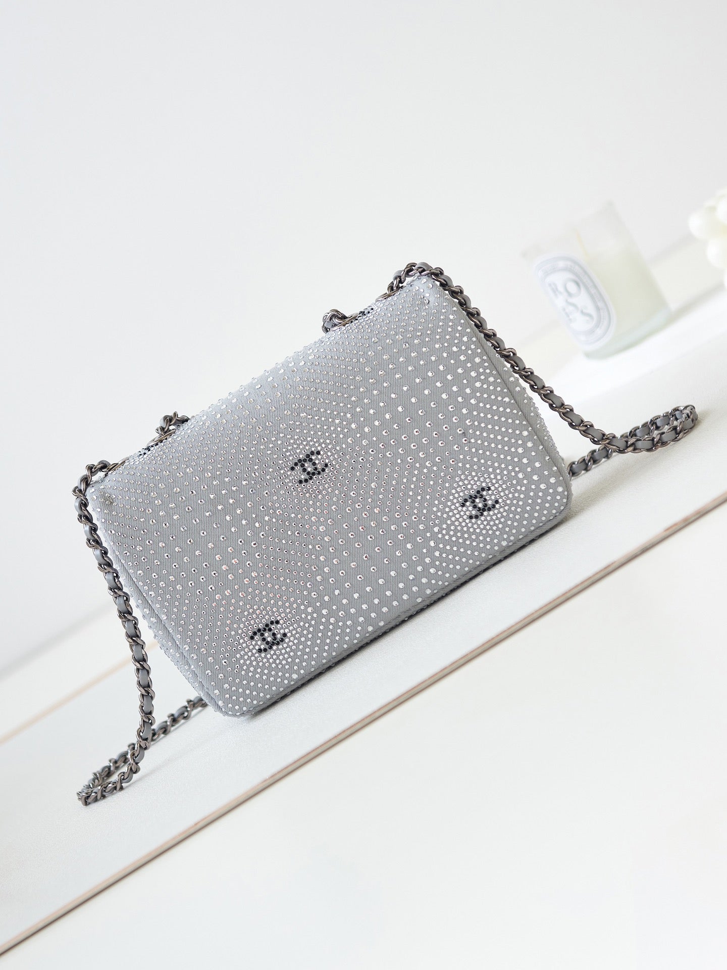 Chanel Classic Flap Crystal Embellished Silver Grey Mini Ruthenium Hardware