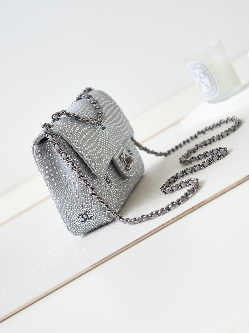 Chanel Classic Flap Crystal Embellished Silver Grey Mini Ruthenium Hardware