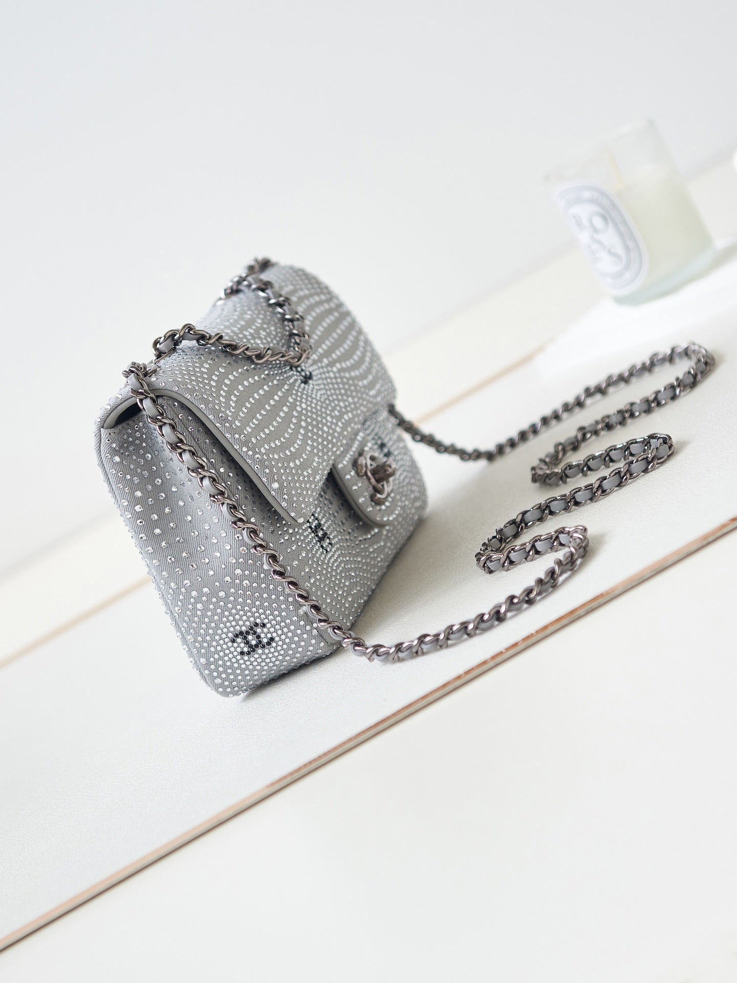 Chanel Classic Flap Crystal Embellished Silver Grey Mini Ruthenium Hardware