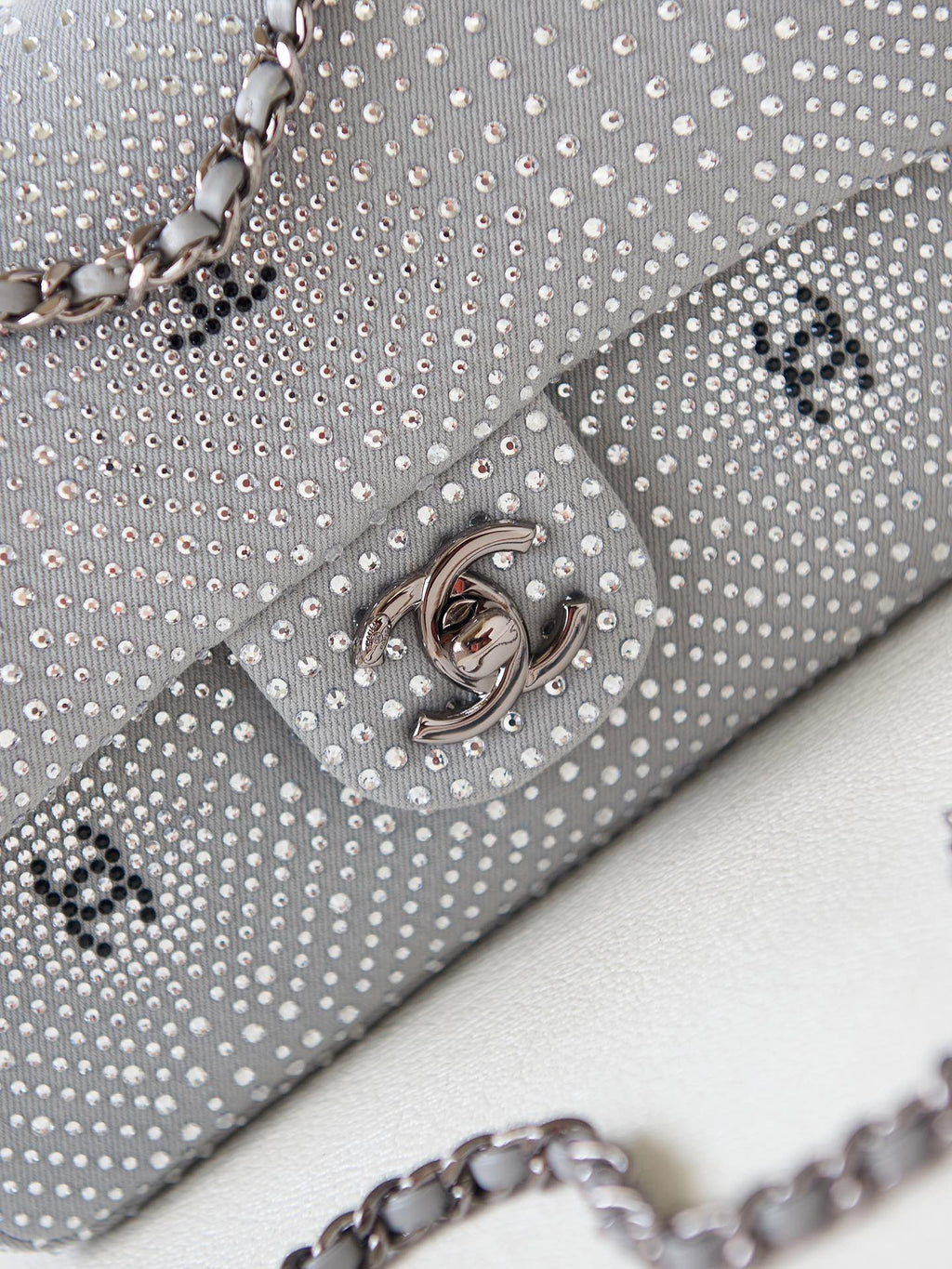 Chanel Classic Flap Crystal Embellished Silver Grey Mini Ruthenium Hardware