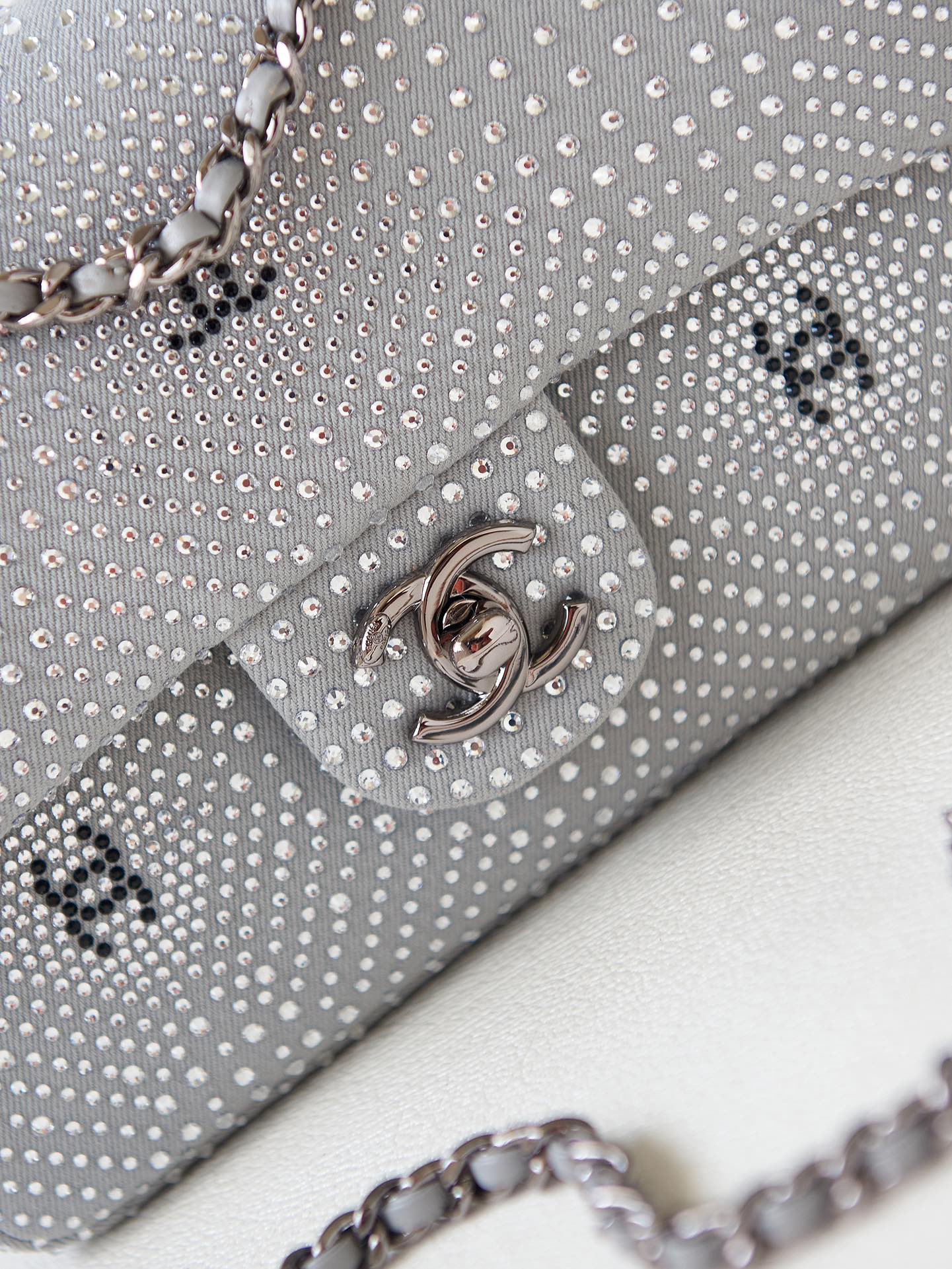 Chanel Classic Flap Crystal Embellished Silver Grey Mini Ruthenium Hardware