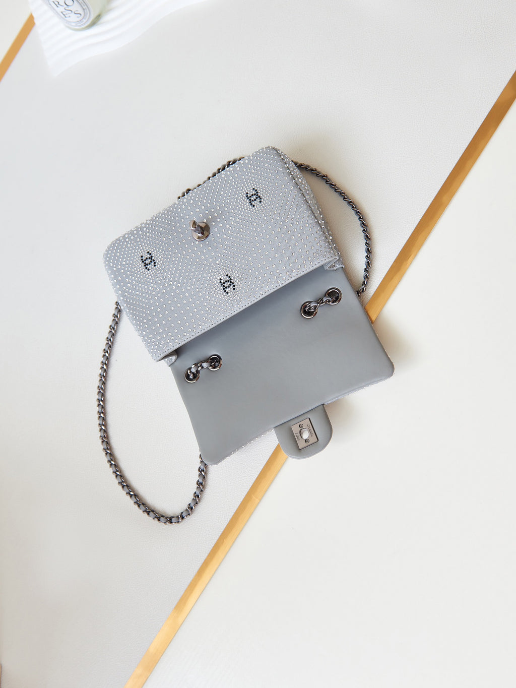 Chanel Classic Flap Crystal Embellished Silver Grey Mini Ruthenium Hardware