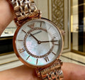 Emporio Armani AR1909 Mother of Pearl Dial Crystal Inner Bezel Roman Numeral Rose Gold Bracelet Ladies Watch