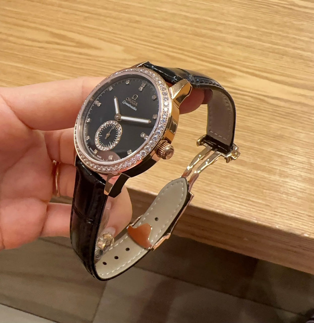 Omega De Ville Prestige Black Dial Diamond Bezel Diamond Hour Markers Small Seconds Rose Gold Case Black Crocodile Leather Strap Ladies Watch (Custom)
