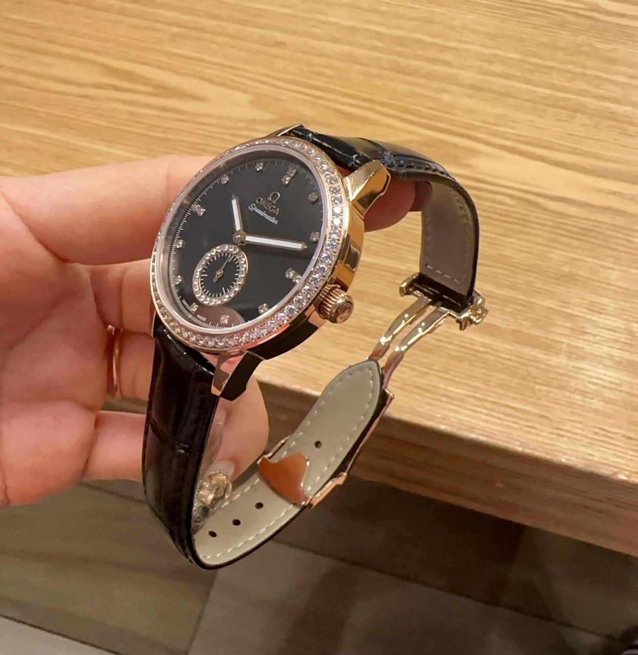 Omega De Ville Prestige Black Dial Diamond Bezel Diamond Hour Markers Small Seconds Rose Gold Case Black Crocodile Leather Strap Ladies Watch (Custom)