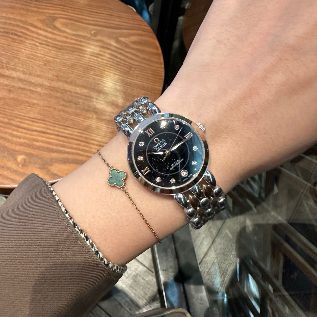 Omega De Ville Prestige Co-Axial Chronometer Black Starry Sky Dial Diamond Markers Roman Numerals Rose Gold Hands Panther Bracelet Ladies Watch (Custom)