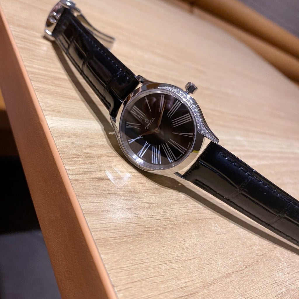 Omega De Ville Trésor Black Dial Diamond Bezel Roman Numeral Black Crocodile Leather Strap Ladies Watch (Custom)