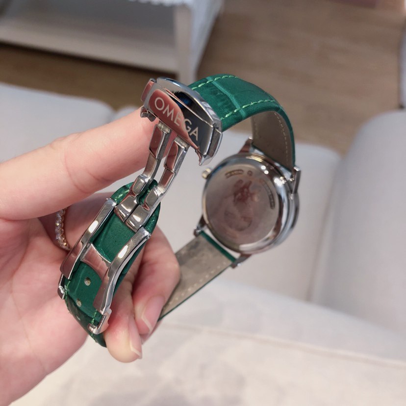 Omega De Ville Ladymatic Emerald Green Dial Diamond Bezel Diamond Hour Markers Small Seconds Green Crocodile Strap Ladies Watch (Custom)