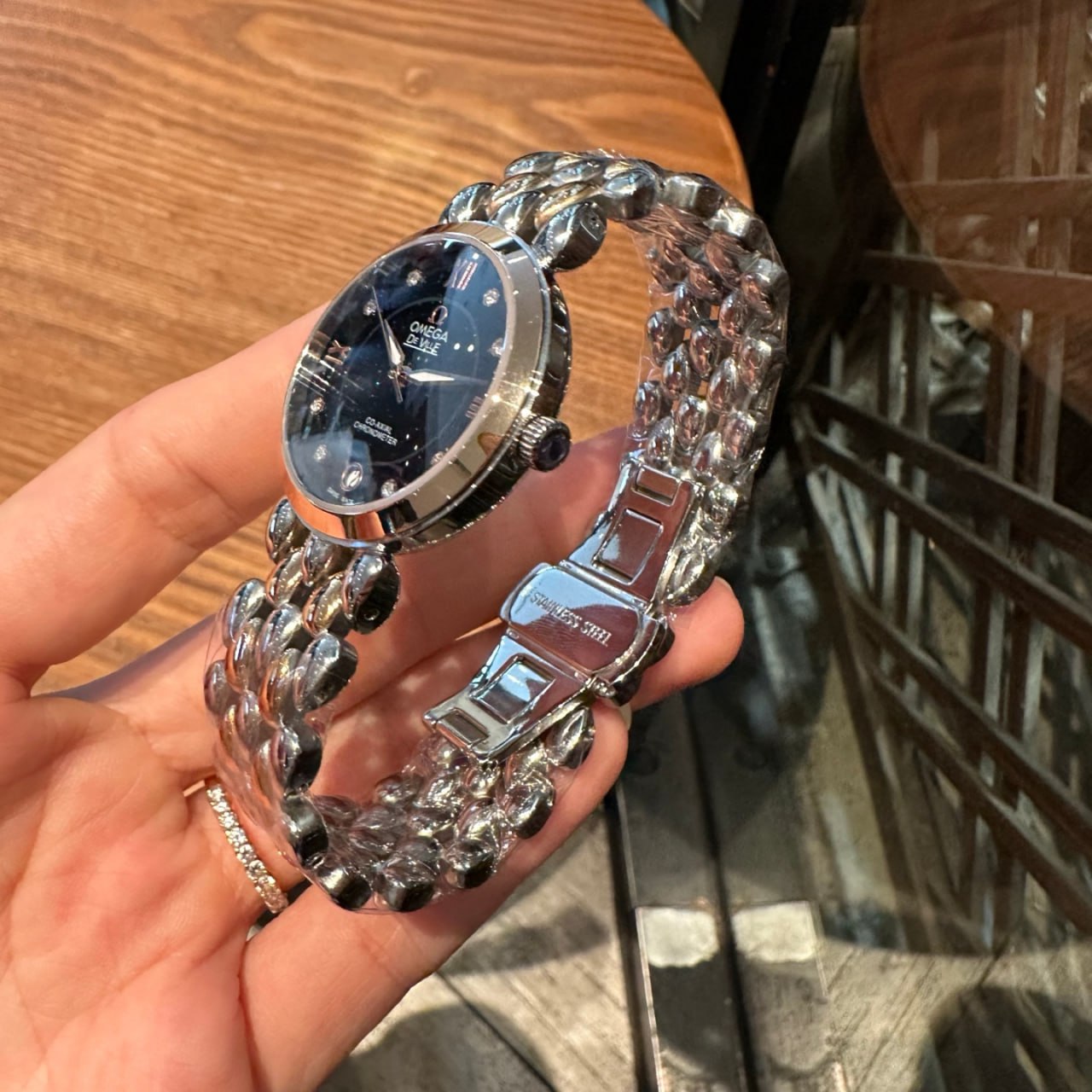 Omega De Ville Prestige Co-Axial Chronometer Black Starry Sky Dial Diamond Markers Roman Numerals Rose Gold Hands Panther Bracelet Ladies Watch (Custom)
