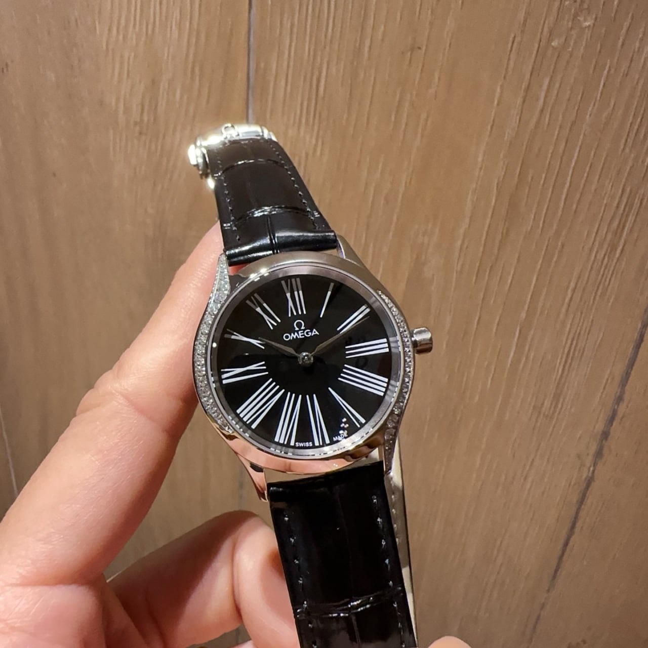 Omega De Ville Trésor Black Dial Diamond Bezel Roman Numeral Black Crocodile Leather Strap Ladies Watch (Custom)