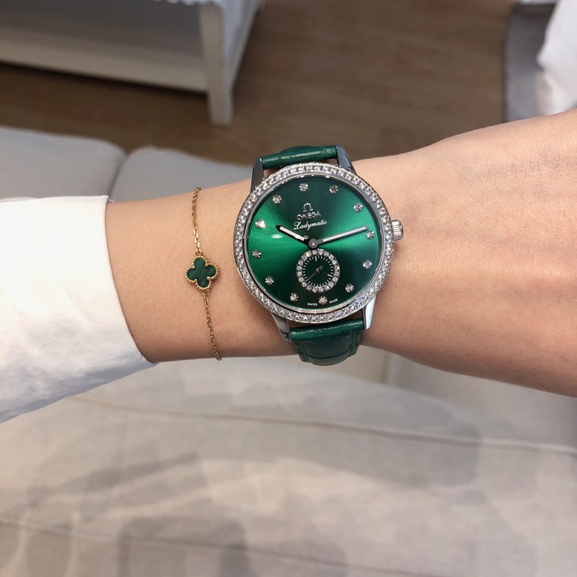 Omega De Ville Ladymatic Emerald Green Dial Diamond Bezel Diamond Hour Markers Small Seconds Green Crocodile Strap Ladies Watch (Custom)