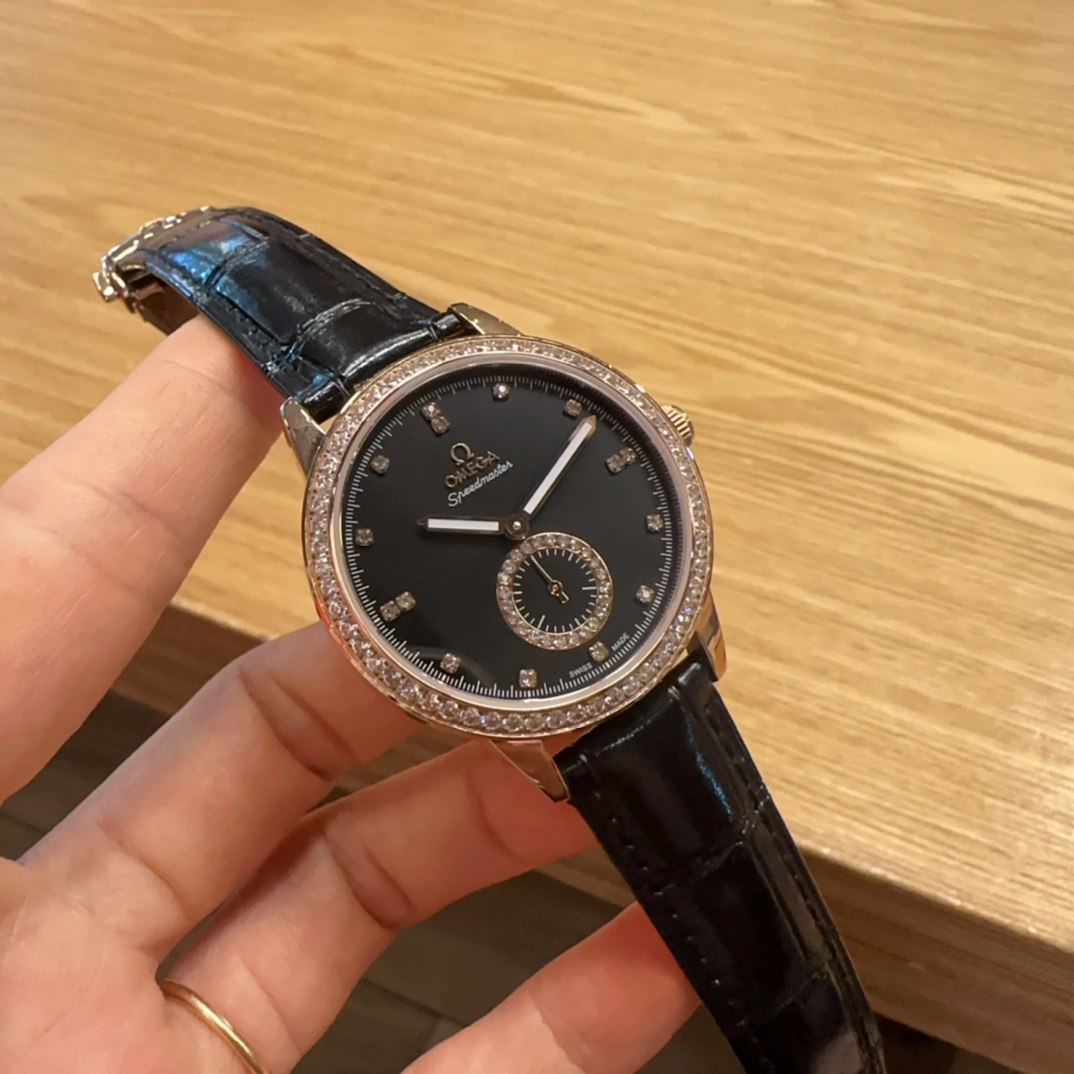 Omega De Ville Prestige Black Dial Diamond Bezel Diamond Hour Markers Small Seconds Rose Gold Case Black Crocodile Leather Strap Ladies Watch (Custom)