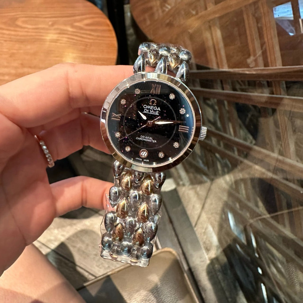 Omega De Ville Prestige Co-Axial Chronometer Black Starry Sky Dial Diamond Markers Roman Numerals Rose Gold Hands Panther Bracelet Ladies Watch (Custom)