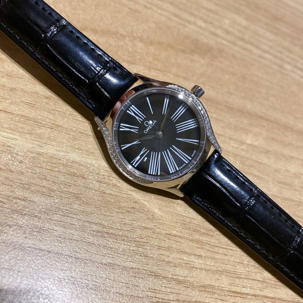 Omega De Ville Trésor Black Dial Diamond Bezel Roman Numeral Black Crocodile Leather Strap Ladies Watch (Custom)