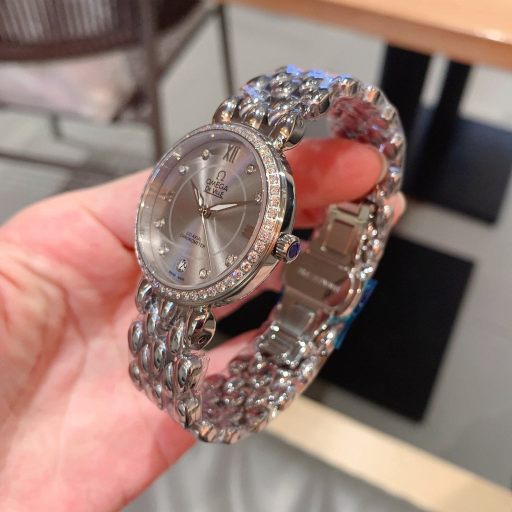 Omega De Ville Prestige Co-Axial Chronometer Silver Mother-of-Pearl Dial Diamond Bezel Diamond Markers Blue Cabochon Crown Panther Bracelet Ladies Watch (Custom)