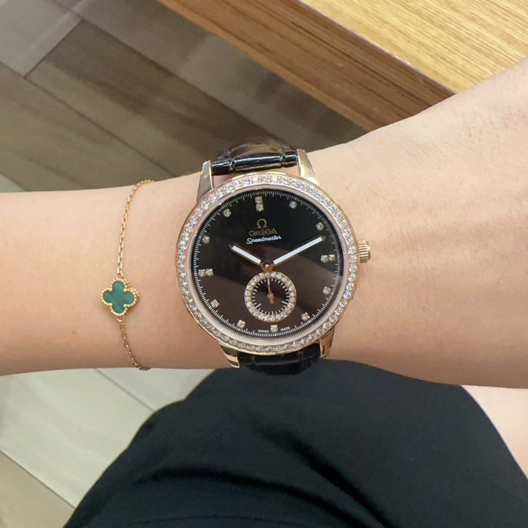 Omega De Ville Prestige Black Dial Diamond Bezel Diamond Hour Markers Small Seconds Rose Gold Case Black Crocodile Leather Strap Ladies Watch (Custom)